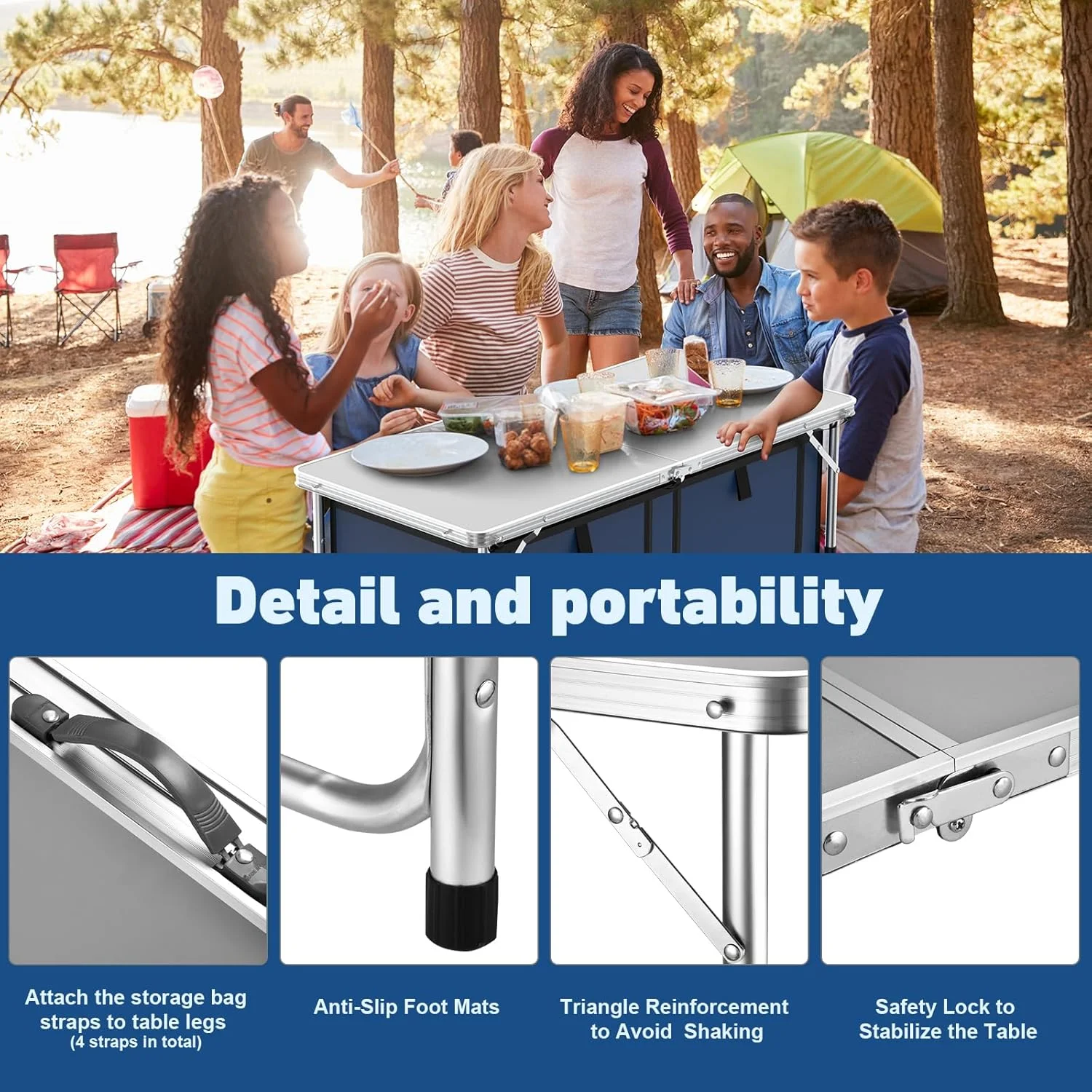 4 Ft Folding Camping Table with Storage, Camping Kitchen Station, Aluminum Portable Folding Table Camp Cook Desk with Storage Organizer and 2 Adjustable Feet, White