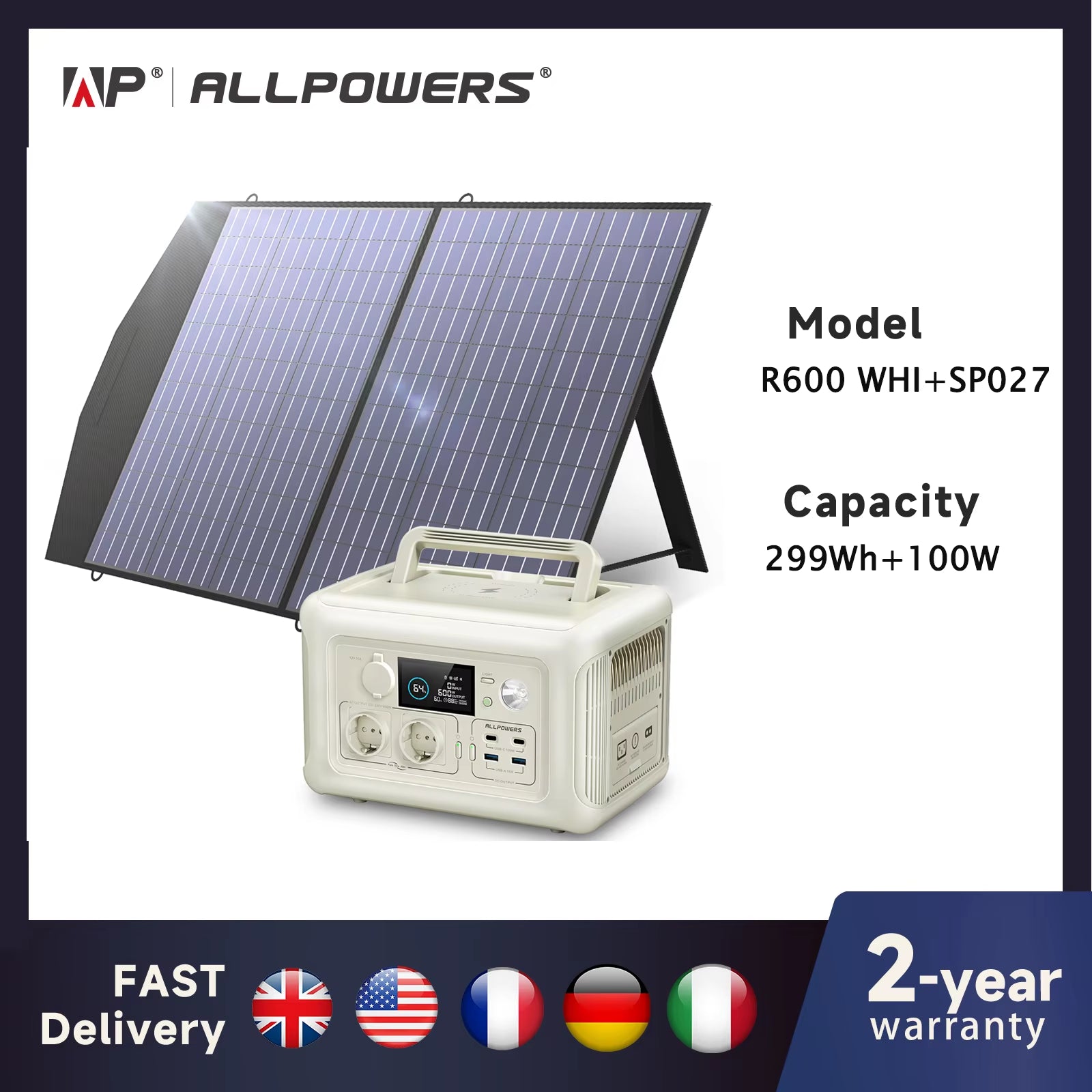 R600 Portable Power Station with Solar Panel 100W , 600W 299Wh Lifepo4 Solar Generator UPS Battery Backup MPPT for RV