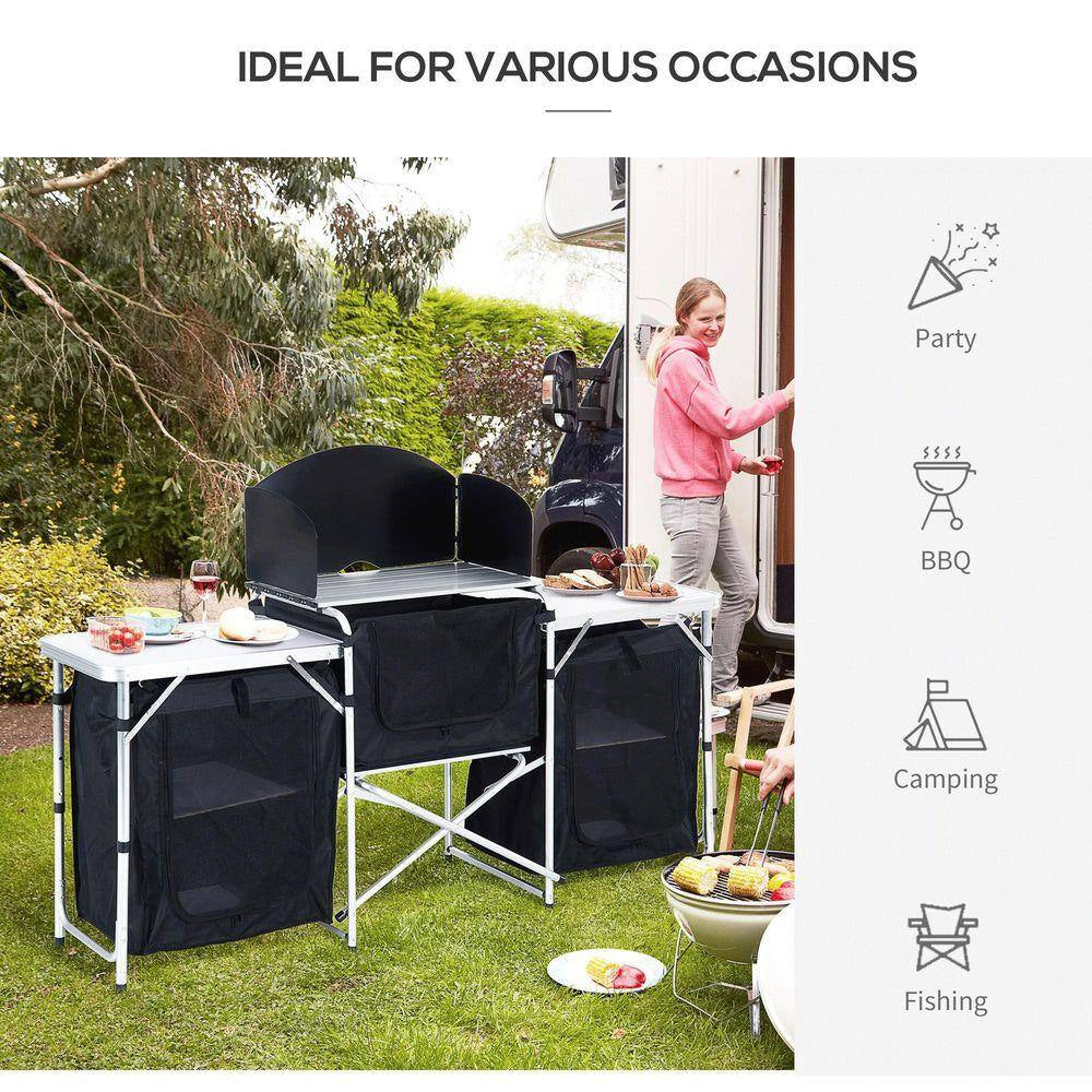 68.5 In. Black Rectangle Metal Picnic Table Portable Camping Fold-Up Cooking Table W/ Windscreen and 3-Enclosed Cupboard