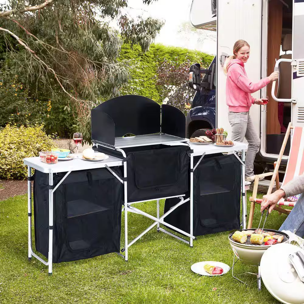 68.5 In. Black Rectangle Metal Picnic Table Portable Camping Fold-Up Cooking Table W/ Windscreen and 3-Enclosed Cupboard