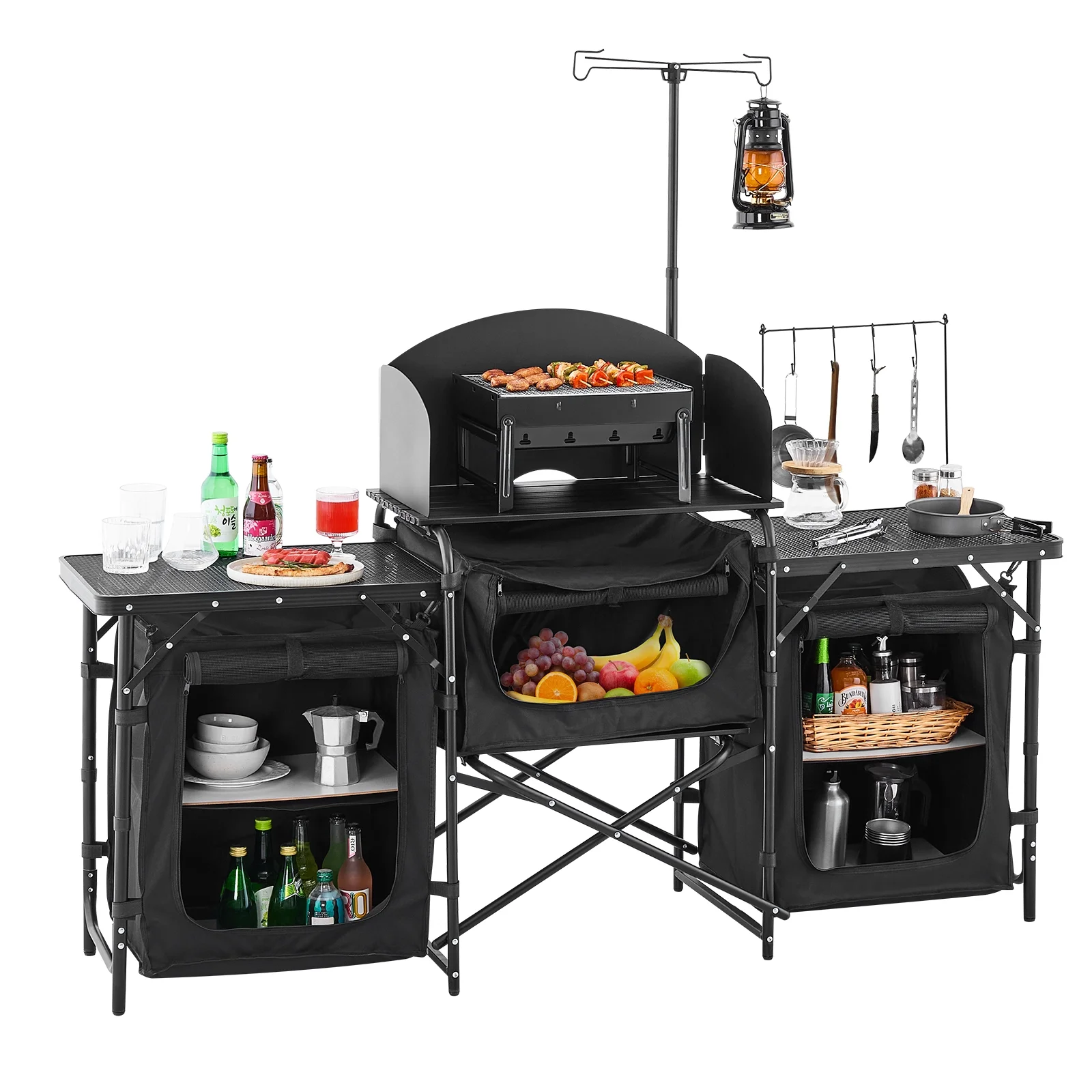 Outdoor Cooking Station, Portable Camp Kitchen Table, Constructed from Aluminum with Three Storage Cabinets, Comes with a Carrying Bag, Removable Wind Guard, Swift Assembly for BBQ Gatherings