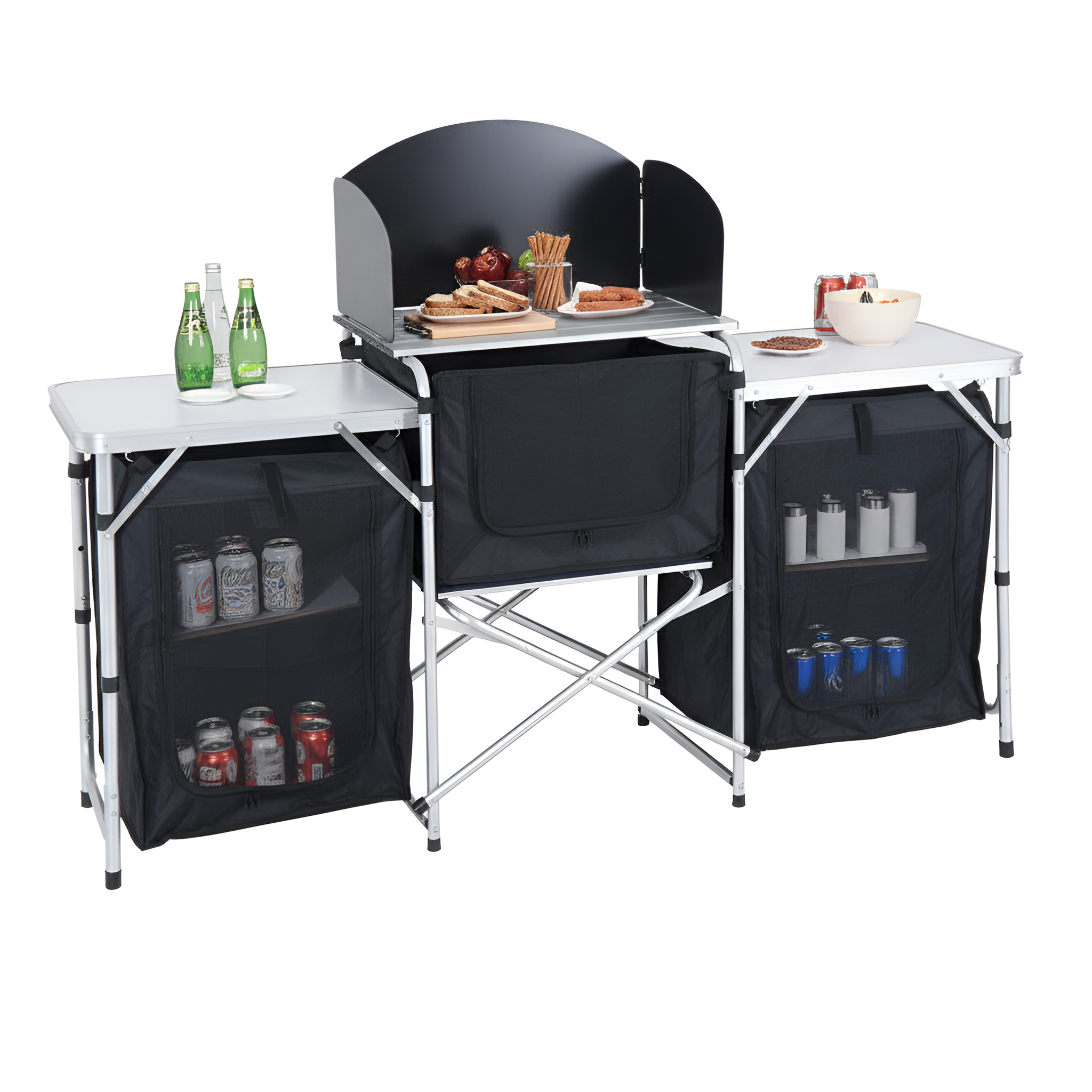 68.5 In. Black Rectangle Metal Picnic Table Portable Camping Fold-Up Cooking Table W/ Windscreen and 3-Enclosed Cupboard