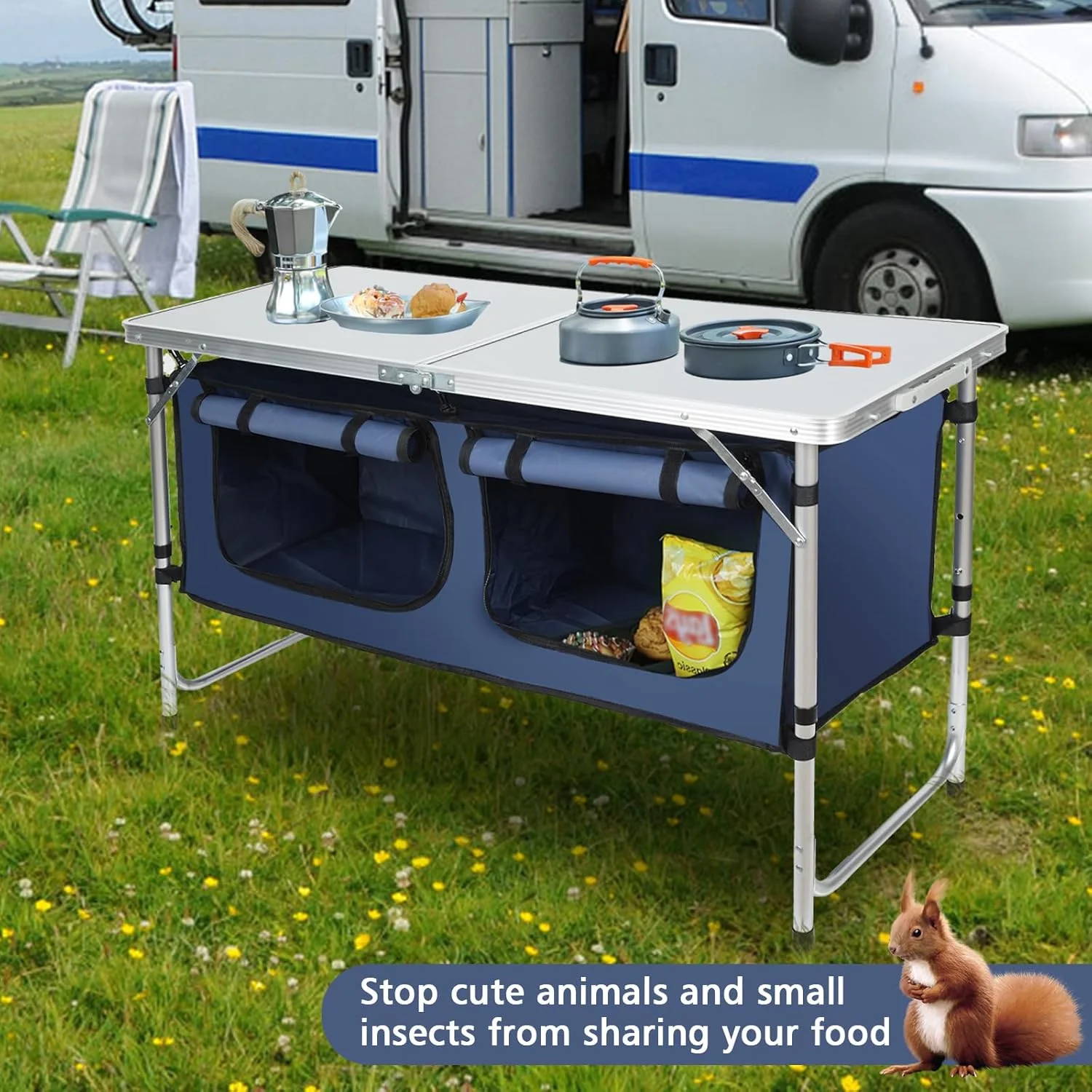 4 Ft Folding Camping Table with Storage, Camping Kitchen Station, Aluminum Portable Folding Table Camp Cook Desk with Storage Organizer and 2 Adjustable Feet, White