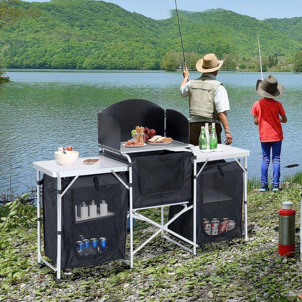 68.5 In. Black Rectangle Metal Picnic Table Portable Camping Fold-Up Cooking Table W/ Windscreen and 3-Enclosed Cupboard
