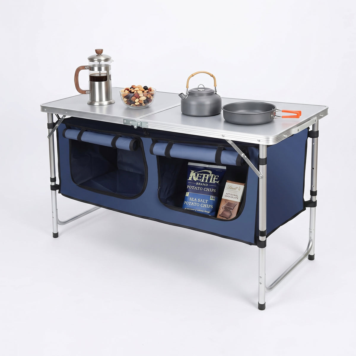 4 Ft Folding Camping Table with Storage, Camping Kitchen Station, Aluminum Portable Folding Table Camp Cook Desk with Storage Organizer and 2 Adjustable Feet, White