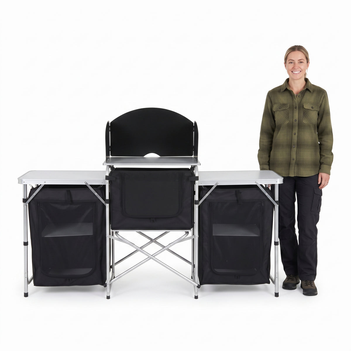 68.5 In. Black Rectangle Metal Picnic Table Portable Camping Fold-Up Cooking Table W/ Windscreen and 3-Enclosed Cupboard