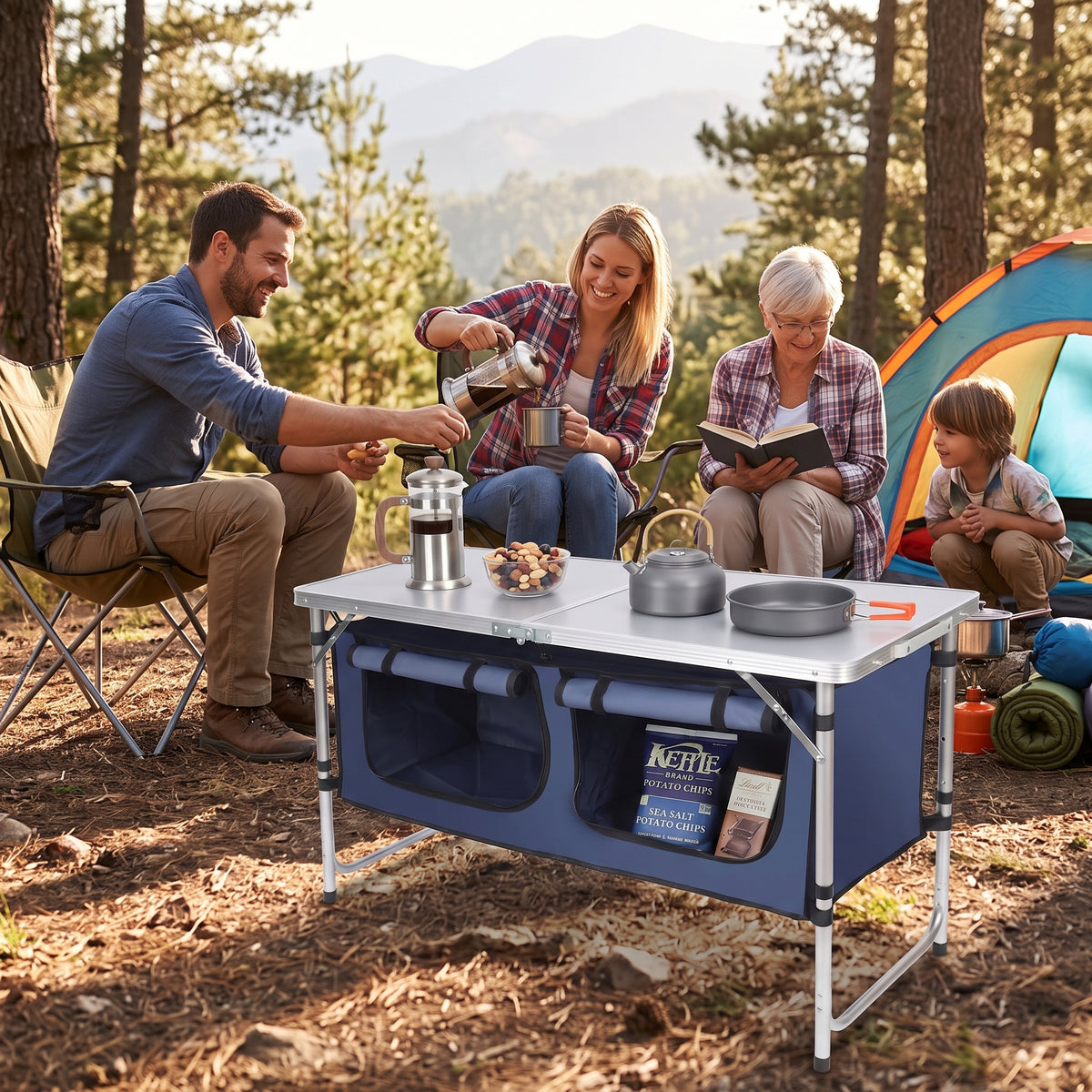 4 Ft Folding Camping Table with Storage, Camping Kitchen Station, Aluminum Portable Folding Table Camp Cook Desk with Storage Organizer and 2 Adjustable Feet, White