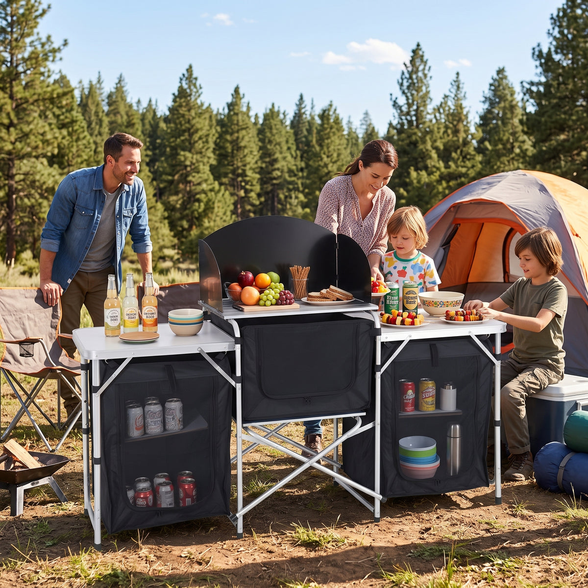 68.5 In. Black Rectangle Metal Picnic Table Portable Camping Fold-Up Cooking Table W/ Windscreen and 3-Enclosed Cupboard