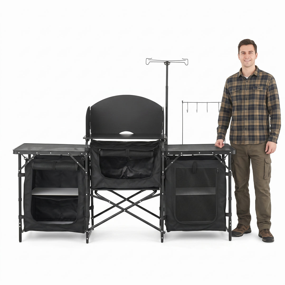 Outdoor Cooking Station, Portable Camp Kitchen Table, Constructed from Aluminum with Three Storage Cabinets, Comes with a Carrying Bag, Removable Wind Guard, Swift Assembly for BBQ Gatherings