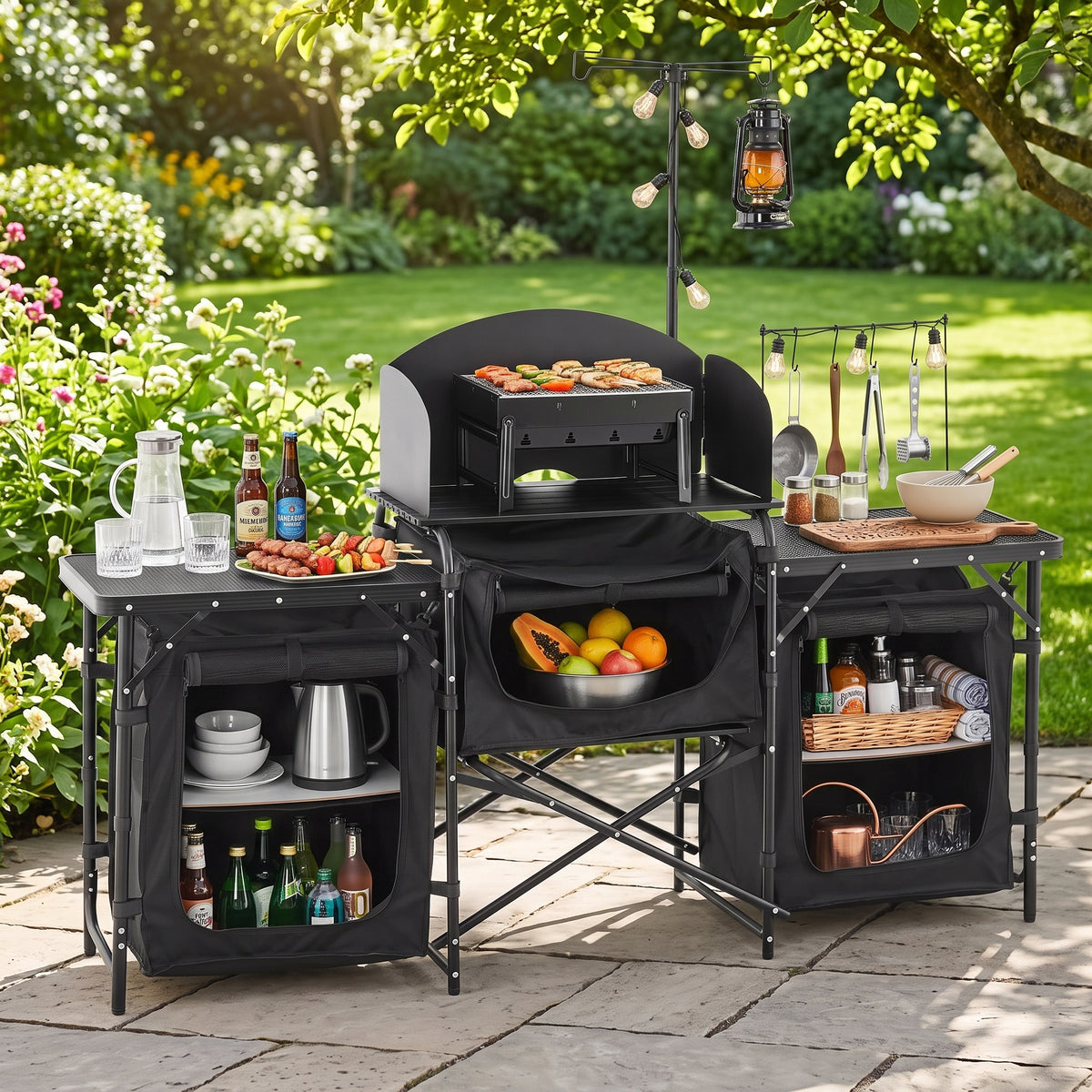 Outdoor Cooking Station, Portable Camp Kitchen Table, Constructed from Aluminum with Three Storage Cabinets, Comes with a Carrying Bag, Removable Wind Guard, Swift Assembly for BBQ Gatherings