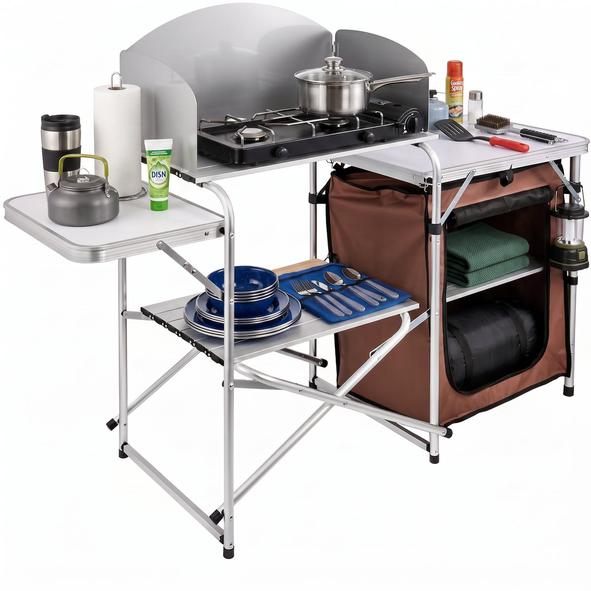 Outdoor 2-Tier Kitchen with Zippered Bag, Portable Folding Cook Table for BBQ, Party and Camping, Brown