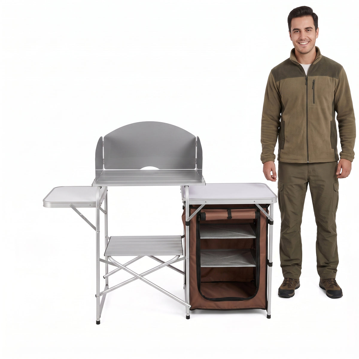Outdoor 2-Tier Kitchen with Zippered Bag, Portable Folding Cook Table for BBQ, Party and Camping, Brown