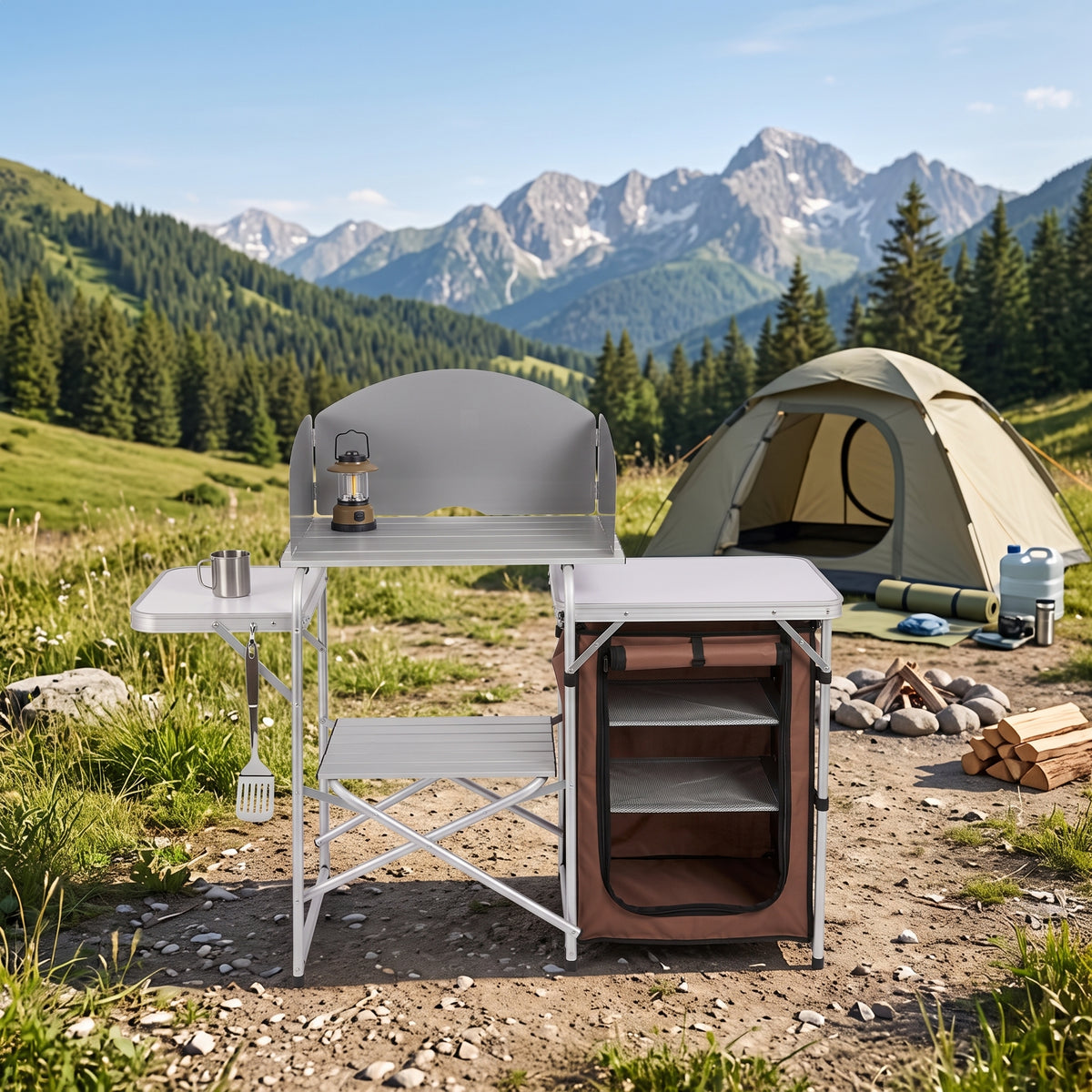 Outdoor 2-Tier Kitchen with Zippered Bag, Portable Folding Cook Table for BBQ, Party and Camping, Brown