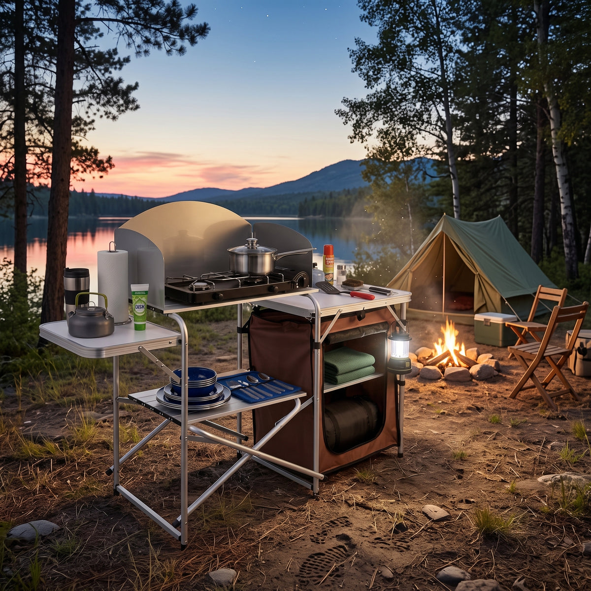 Outdoor 2-Tier Kitchen with Zippered Bag, Portable Folding Cook Table for BBQ, Party and Camping, Brown