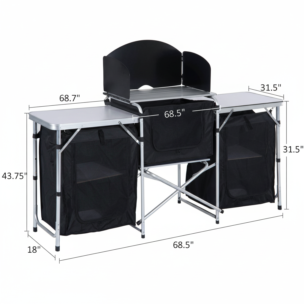 68.5 In. Black Rectangle Metal Picnic Table Portable Camping Fold-Up Cooking Table W/ Windscreen and 3-Enclosed Cupboard