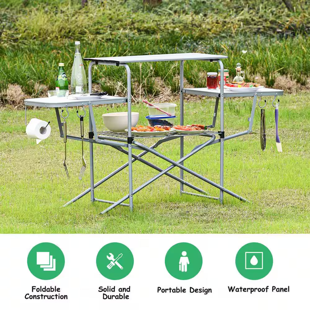 Foldable Camping Table Outdoor Kitchen Portable Grilling Stand Folding BBQ Table Chair