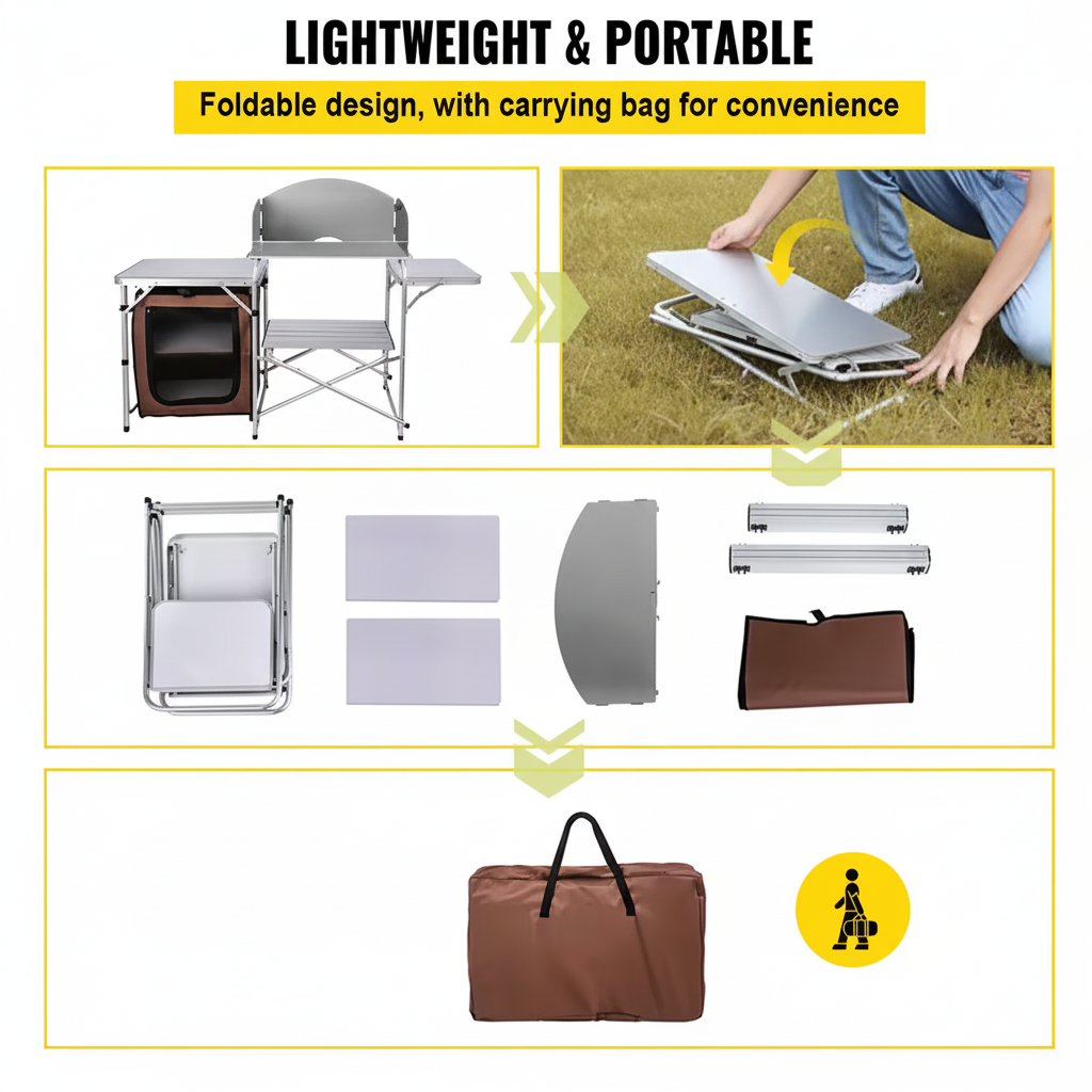 Outdoor 2-Tier Kitchen with Zippered Bag, Portable Folding Cook Table for BBQ, Party and Camping, Brown