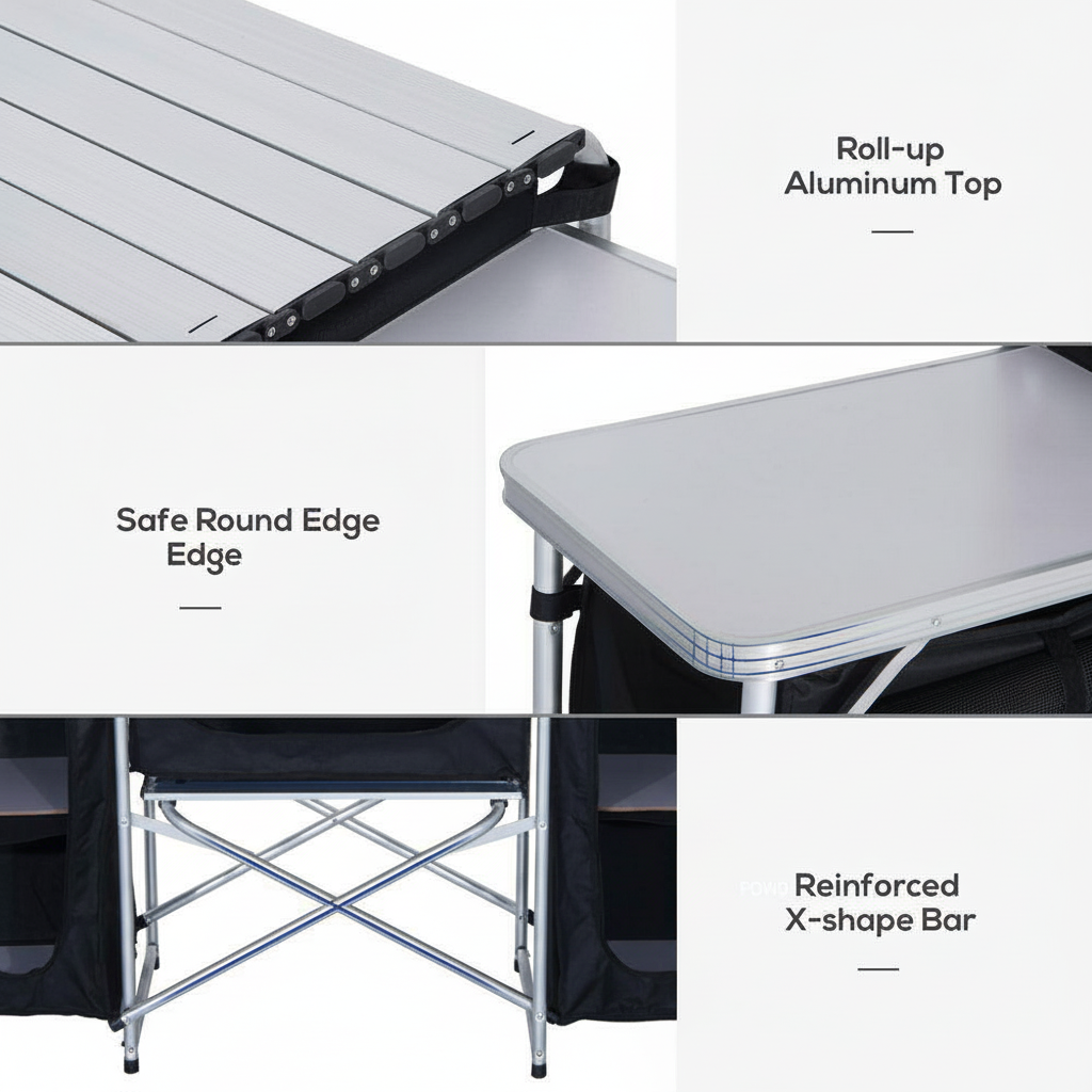 68.5 In. Black Rectangle Metal Picnic Table Portable Camping Fold-Up Cooking Table W/ Windscreen and 3-Enclosed Cupboard