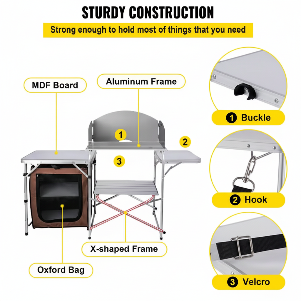 Outdoor 2-Tier Kitchen with Zippered Bag, Portable Folding Cook Table for BBQ, Party and Camping, Brown